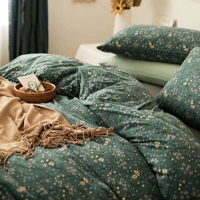 LifeTB Green Floral 100% Jersey Knit Cotton Duvet Cover Queen Vintage Style Botanical Floral Bedding Set Chic Shabby Green Floral Comforter Cover Girl Women Flower Bedding Cover with 2 Pillowcases - Image 1